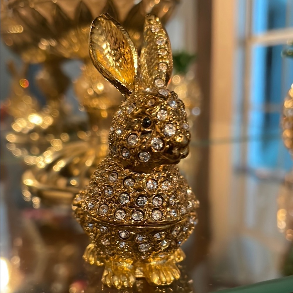 Gold Tone Austrian Crystal Bunny Rabbit Trinket Box